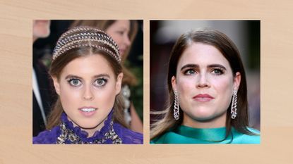 Collage of two images showing Princess Beatrice (left) and Princess Eugenie (right) set against a warm beige background