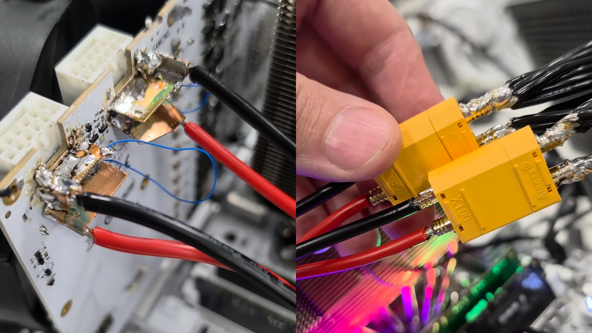 Soldering power wires directly to the PCB of an RTX 5090