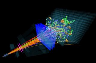 A display of a proton-proton collision taken in the LHCb detector in the early hours of May 9, 2016.
