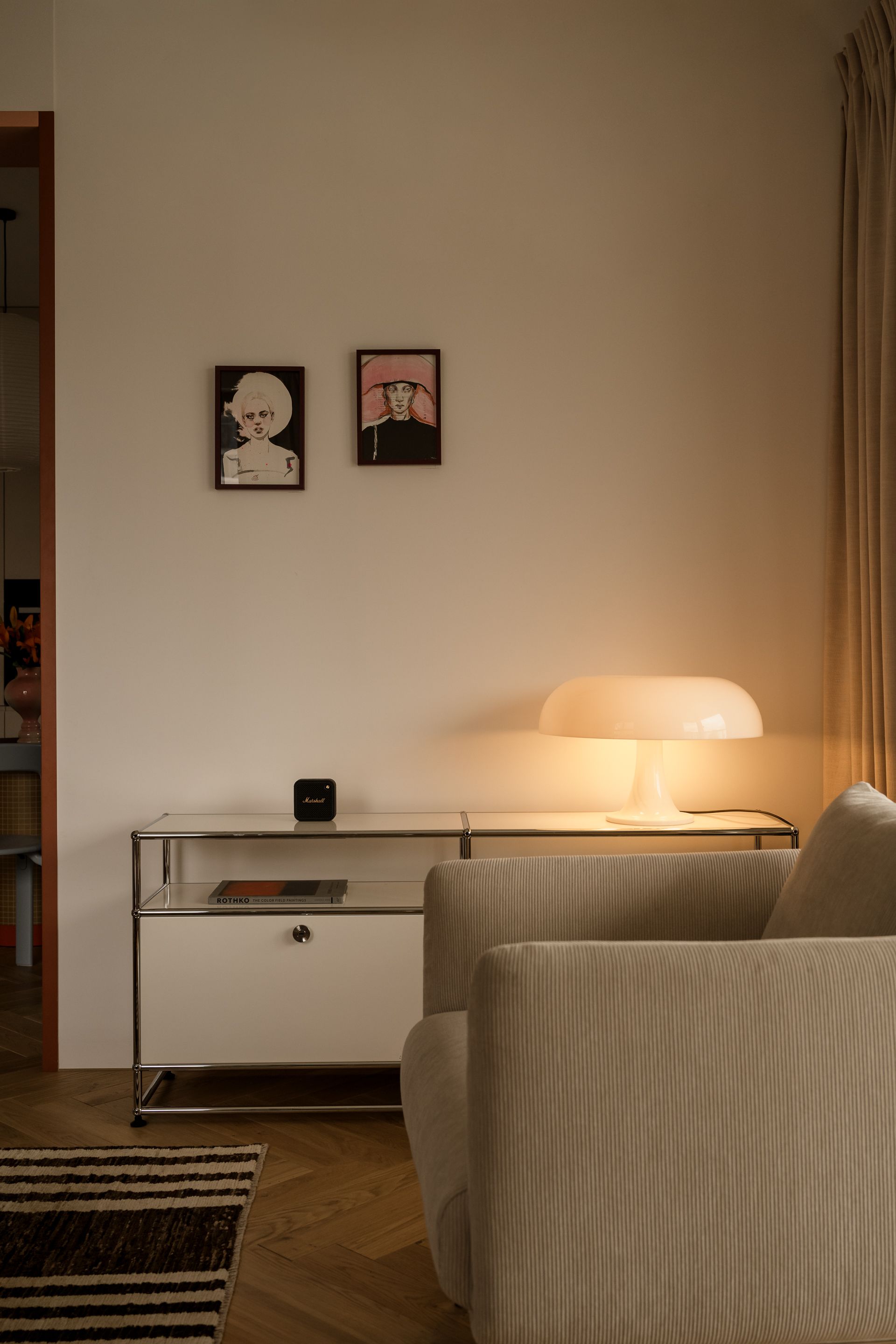 USM console in neutral corner of living room