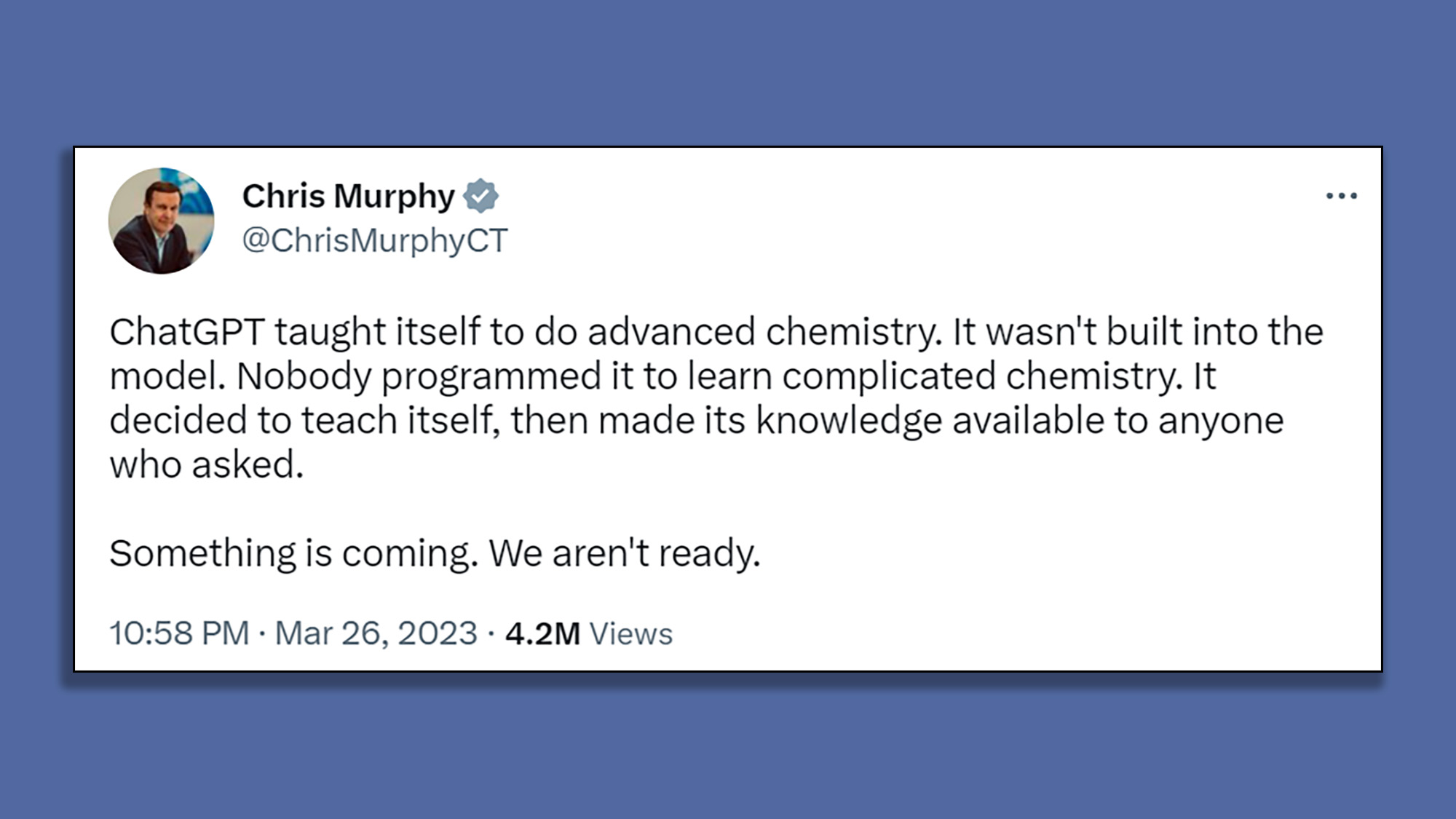 A tweet from Connecticut Senator Chris Murphy incorrectly stating that ChatGPT taught itself chemistry