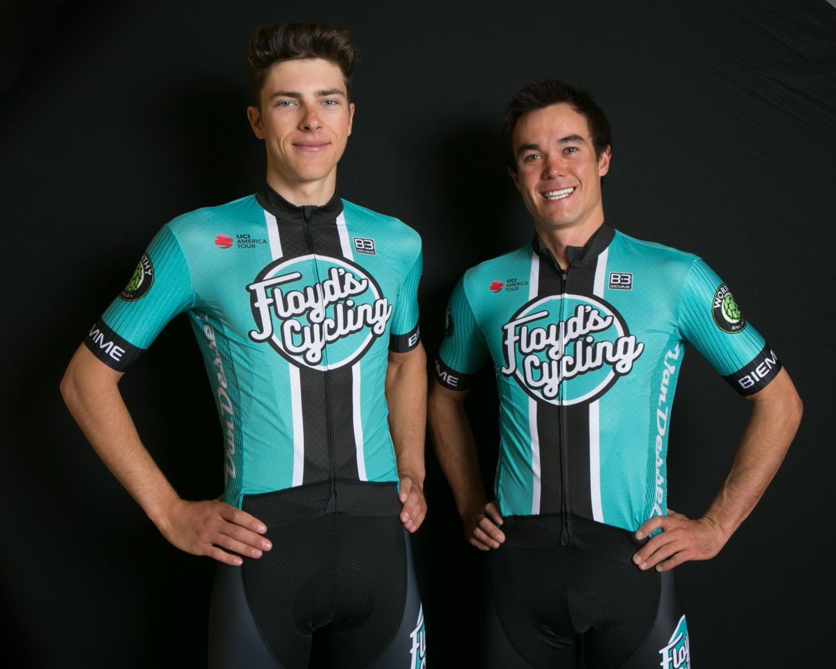 Travis McCabe and Nick Zukowsky in the 2019 Floyd's Pro Cycling team kit