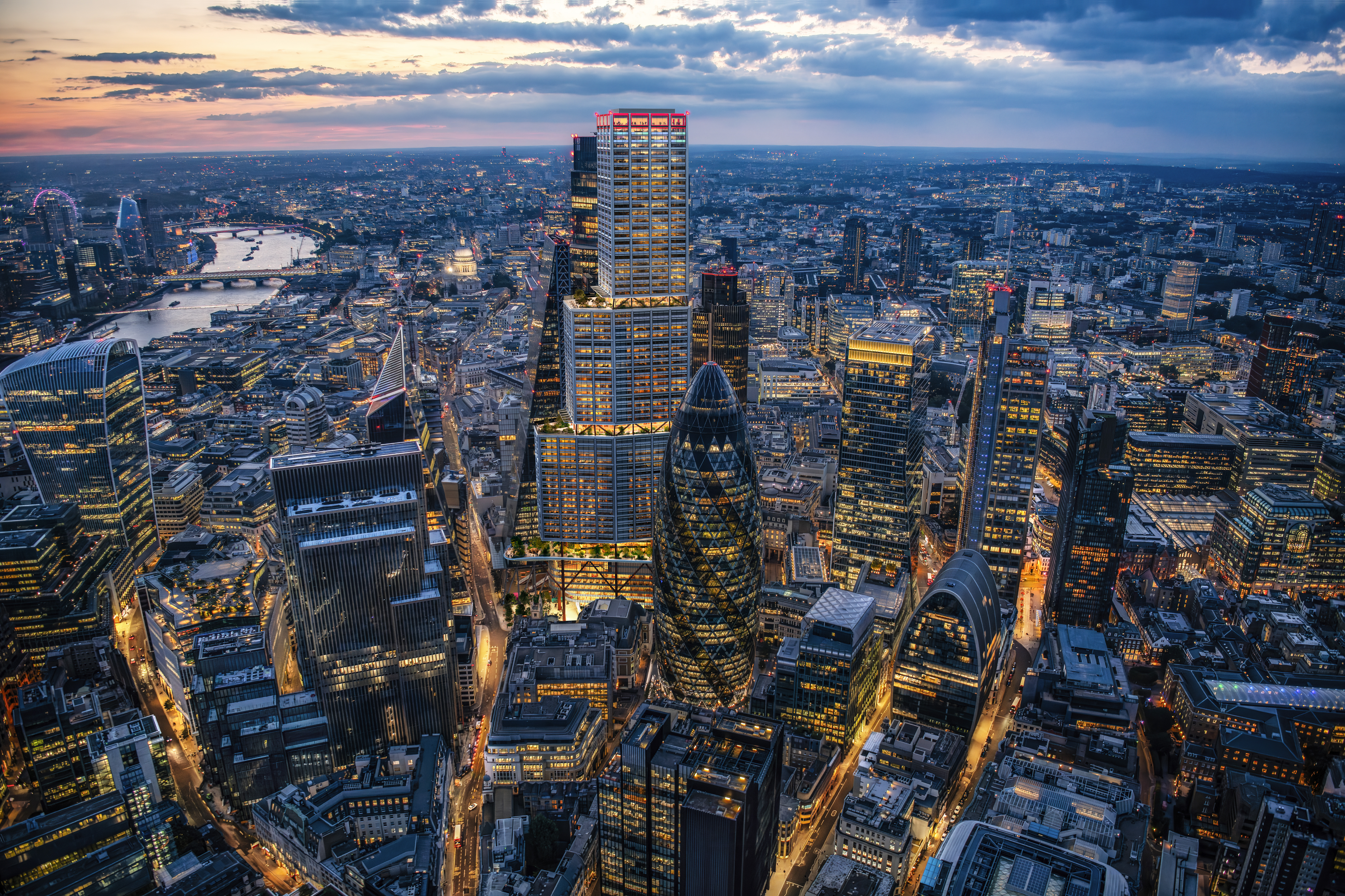 renders of various views of One London, one of London's tallest buildings, a glistening tower in the City