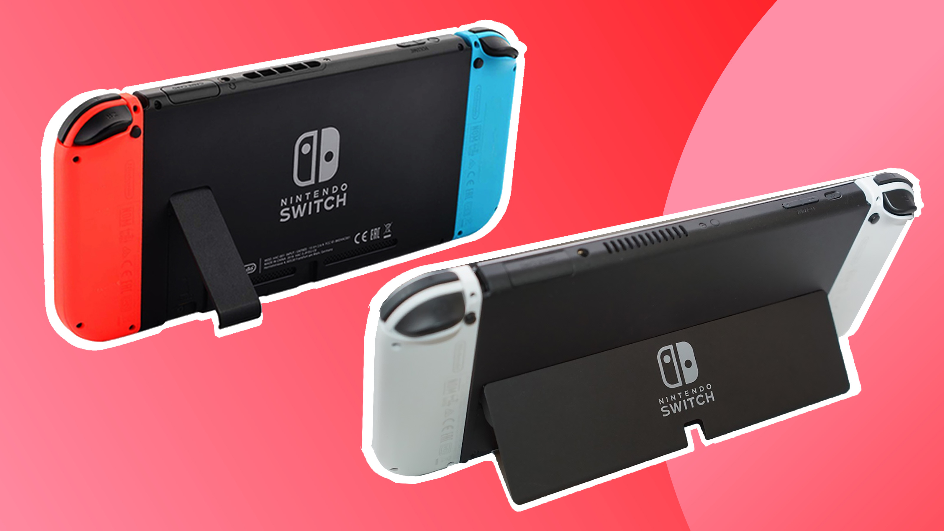 product shots of the back of the Switch and Switch OLED on a colourful background