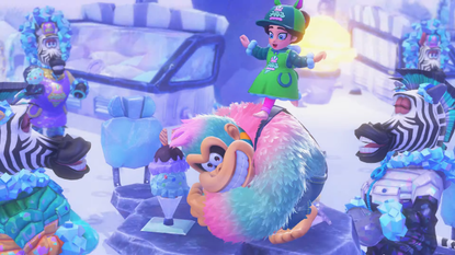 Donkey kong and pauline collecting ice cream from zebras