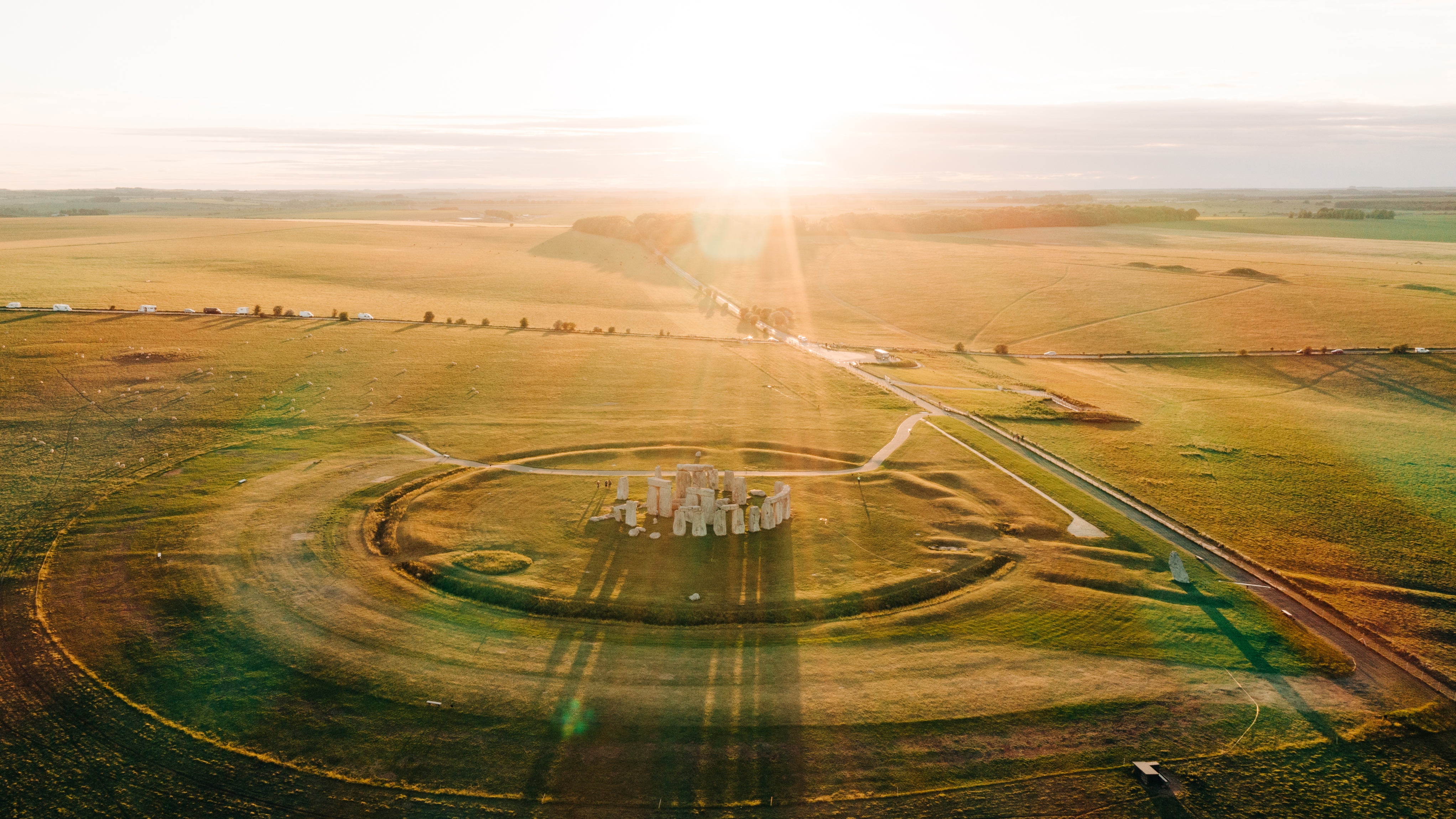 An aerial view of Stonehenge at sunrise