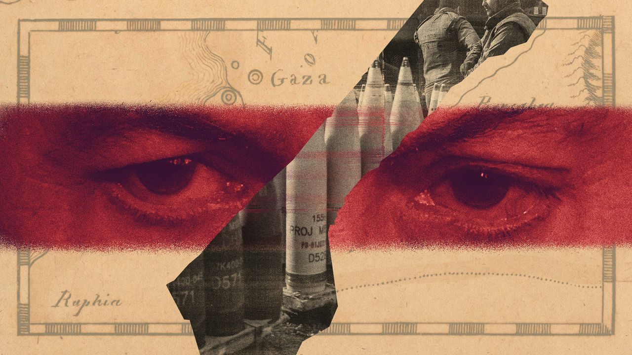 Photo collage of Benjamin Netanyahu&#039;s eyes with a vintage map of the Gaza Strip area in the background. Overlaid on top, there is a photo of USA-supplied munitions, including white phosphorus, being handled by the Israeli army. The photo is cut out in the shape of the Gaza strip.