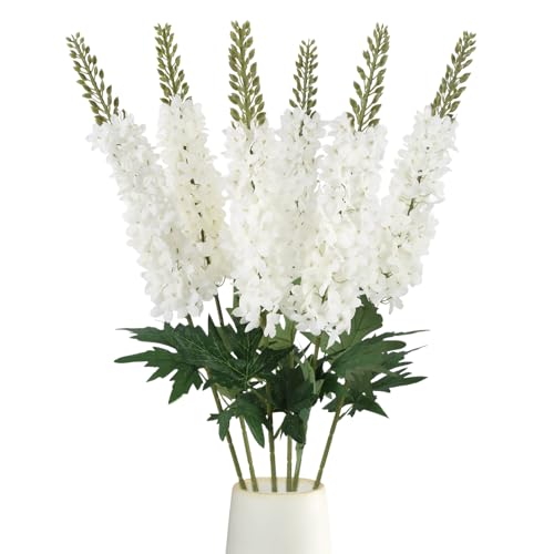 Icbox White Delphinium Artificial Flowers,6pcs Larkspur Silk Fake Flowers 29.5" Long Stem Faux Hyacinth Flowers for Tall Vase Wedding Home Garden Decor (white)