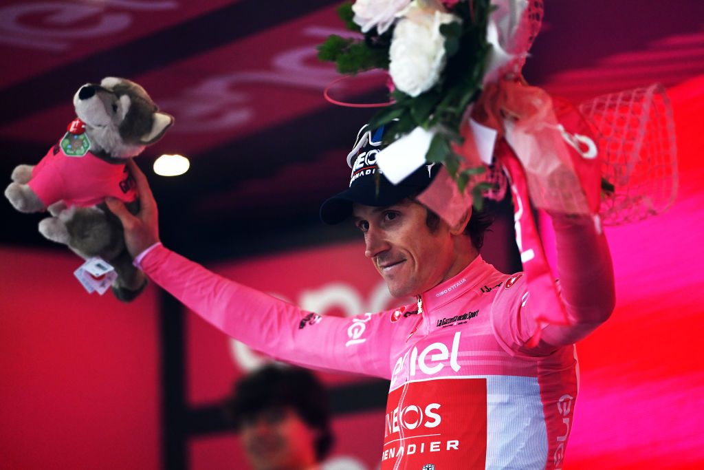 RIVOLI ITALY MAY 18 Geraint Thomas of The United Kingdom and Team INEOS Grenadiers celebrates at podium as Pink Leader Jersey winner during the 106th Giro dItalia 2023 Stage 12 a 185km stage from Bra to Rivoli UCIWT on May 18 2023 in Rivoli Italy Photo by Tim de WaeleGetty Images