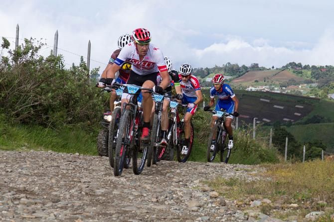 Todd Wells leads a group of favorites before he would be slowed by flat tires later in the stage