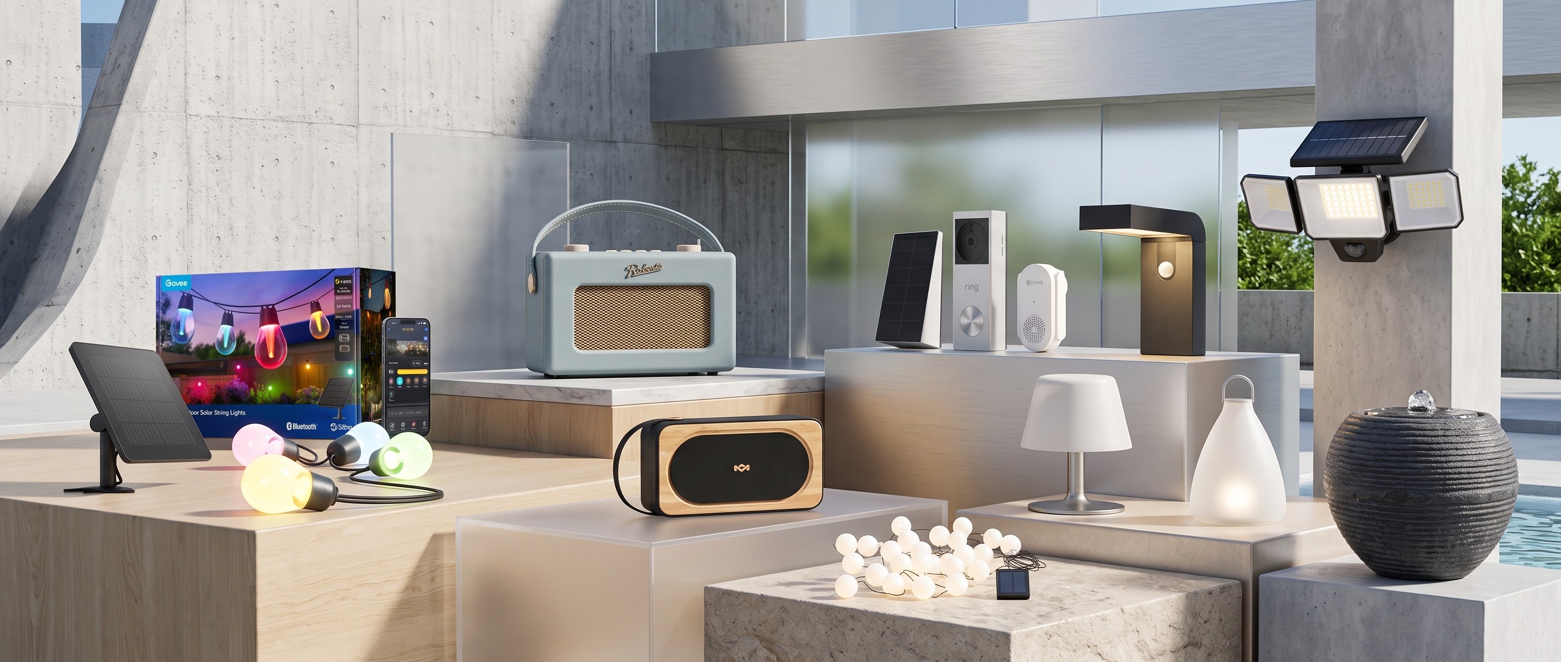 Collection of solar-powered products including lights and security systems, in magazine-style layout with plinths