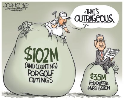 Political Cartoon U.S. Trump Golf Outings Mueller Investigation Cost