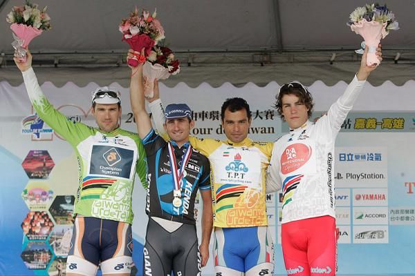Stage seven podium (l-r): Mart Ojavee, points leader; Rico Rogers, stage winner; Mehdi Sohrabi, overall leader; Adam Phelan, best young rider.