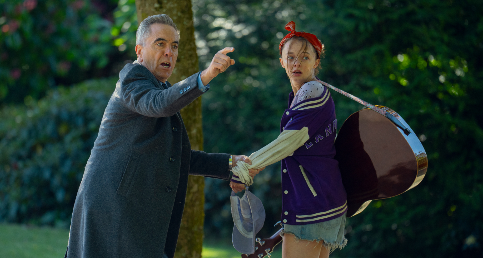 Elle de Lange as paige being pulled by her father by her father played by James Nesbitt in a still from netflix's harlan coben mystery run away
