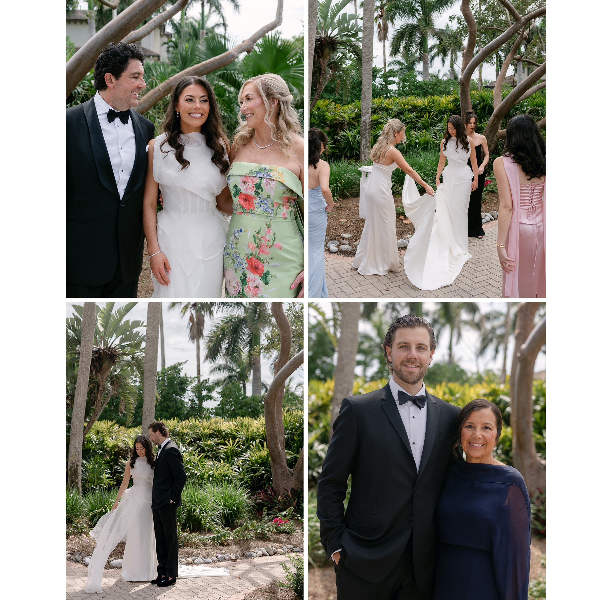 Collage of Kelli Orihuela and Chris Denci in their wedding outfits with friends and family members.