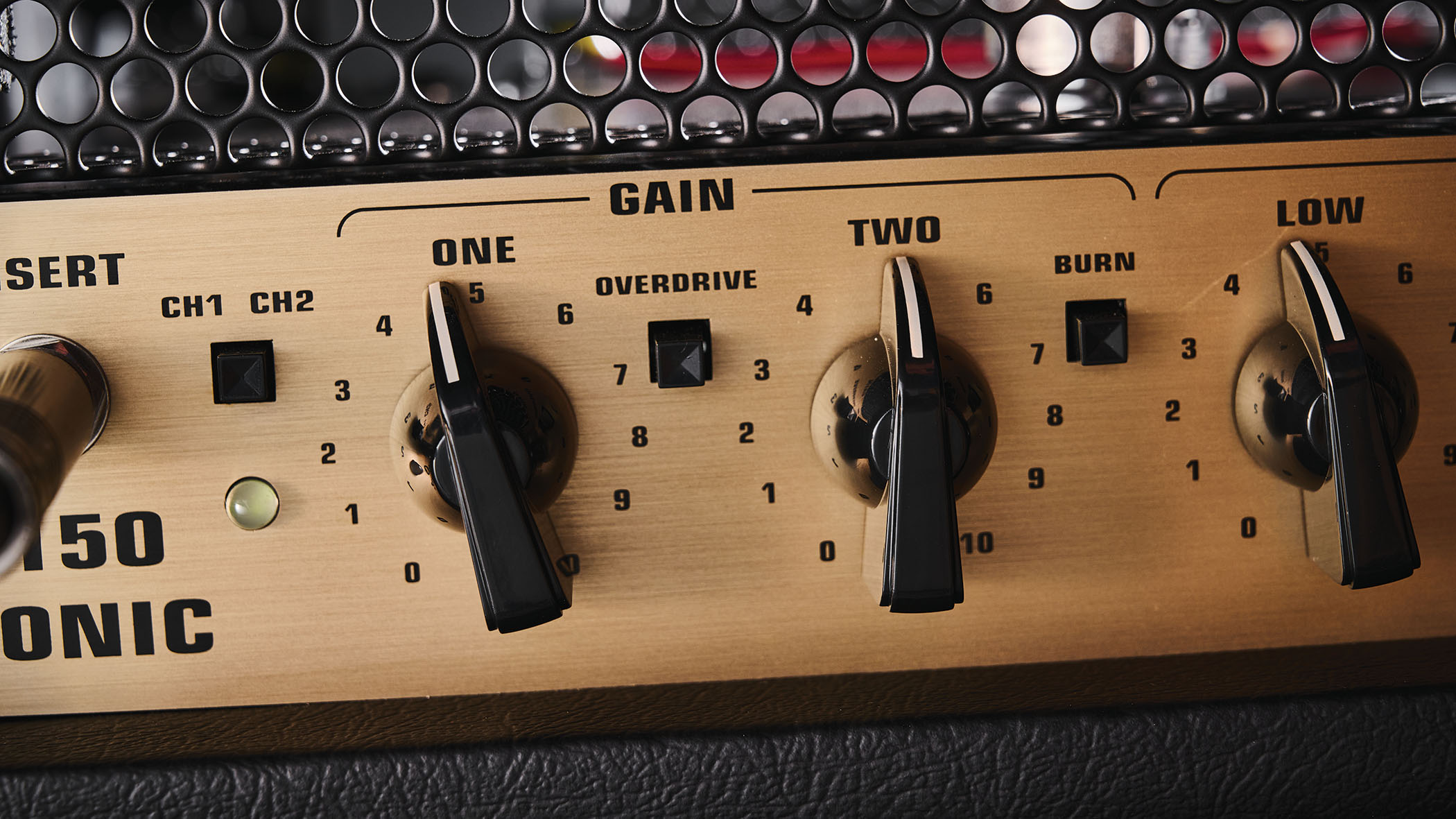 EVH 5150 Iconic Series 15-watt head: the black amp with gold control panel is photographed in close-up