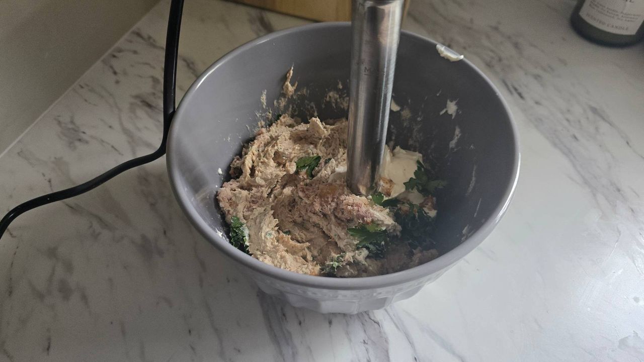 Blending pate with Dualit blender in grey bowl