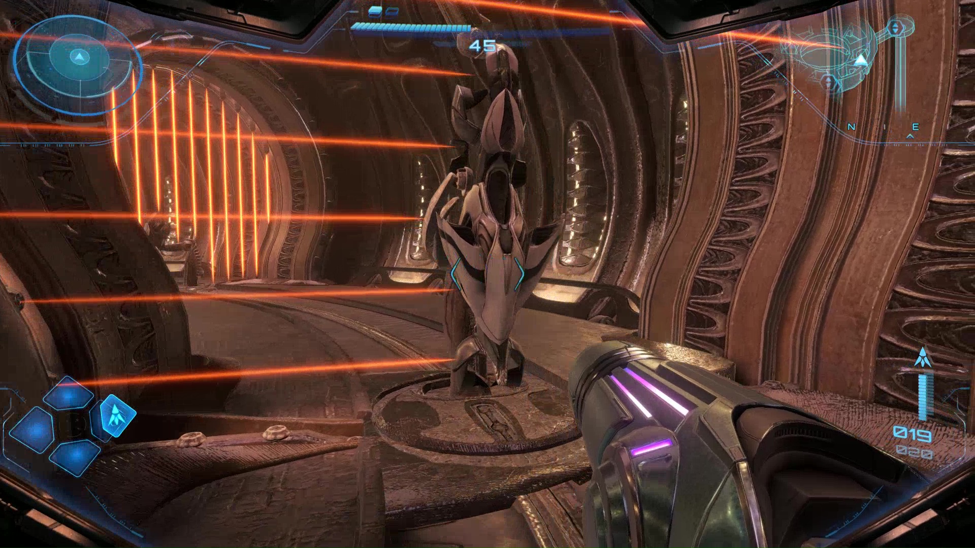 Laser grids are blocked by a piece of a bike in the Metroid Prime 4 Volt Forge