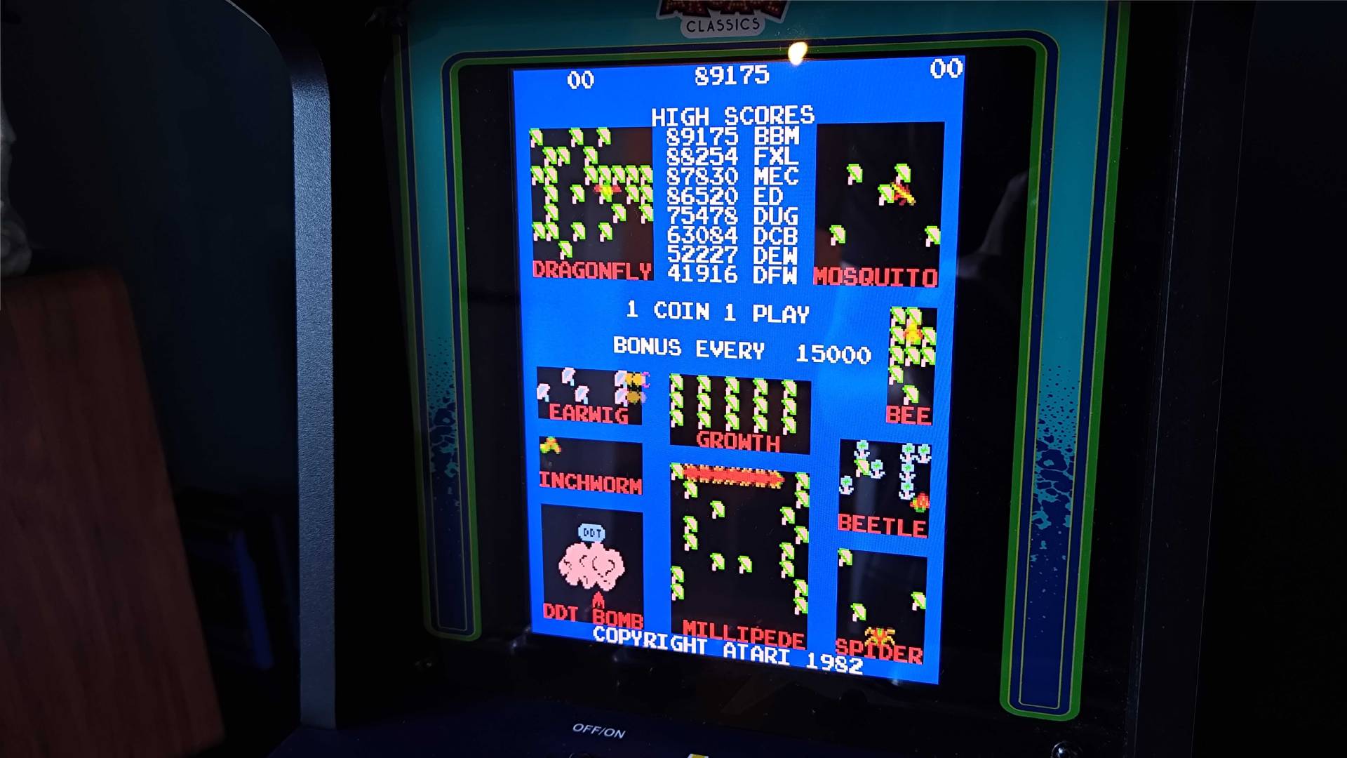 Close up of Millipede main screen on Arcade Classics Centipede cabinet