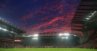 Liverpool ground Anfield: A general view at sunset during the Premier League match between Liverpool FC and Manchester United at Anfield on January 19, 2020 in Liverpool, United Kingdom.