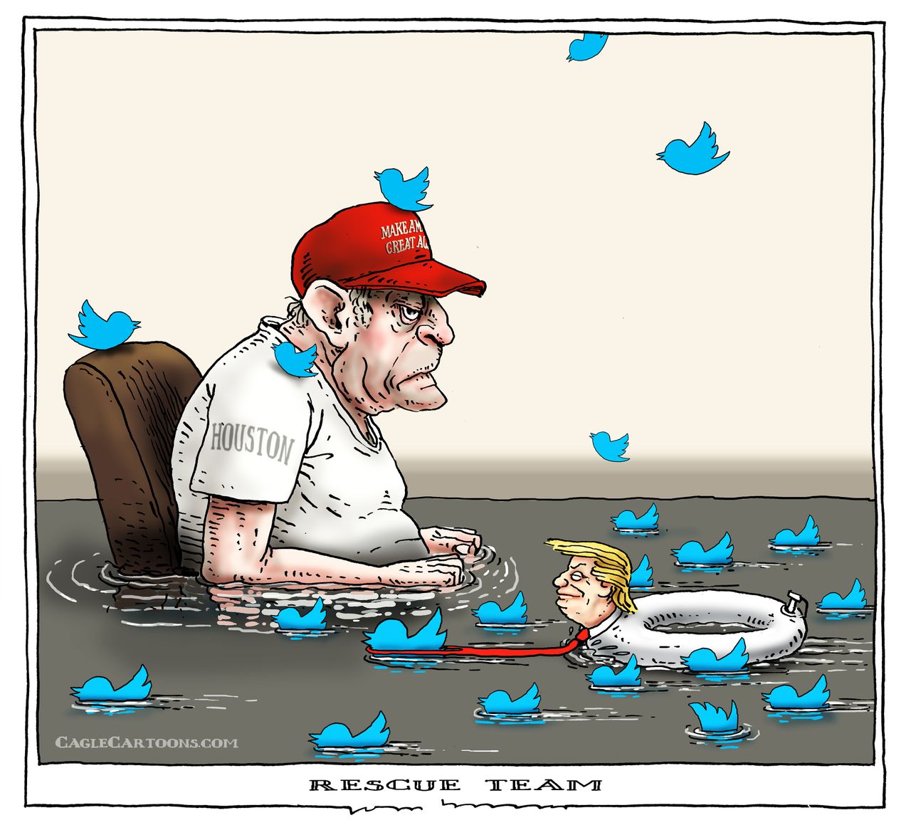 Political cartoon U.S. Trump tweets Harvey