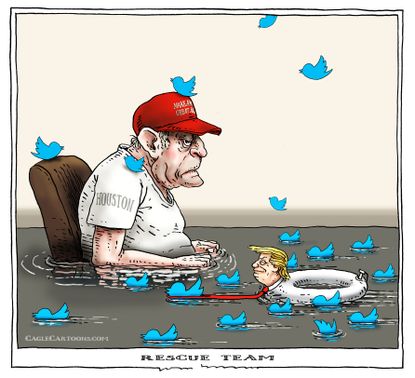 Political cartoon U.S. Trump tweets Harvey