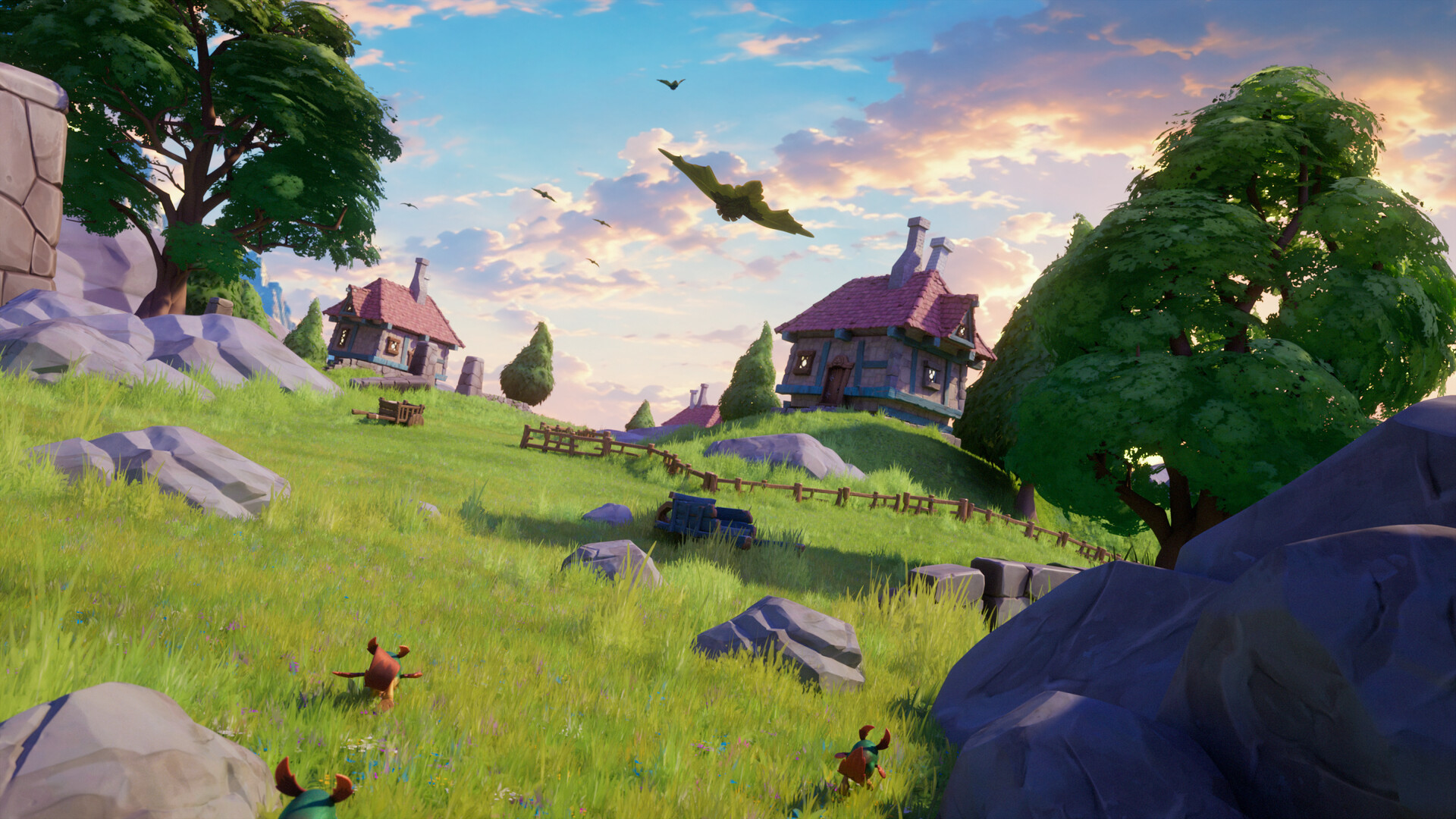 A lush green field with a small cottage in the distance, in a screenshot taken from Spyro: The Realm Beyond