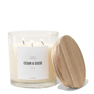 Public Goods Scented Soy Candle for Women & Men | Large 3 Wick Glass Candle | Long Lasting & Non Toxic | Made With Natural Soy Wax & Organic Essential Oils | Gift Box | 12.3oz Jar | Cedar & Suede