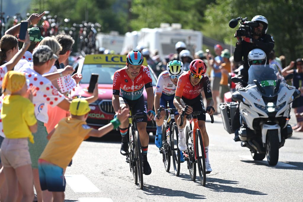 BARCELONNETTE FRANCE JULY 18 LR Victor Campenaerts of Belgium and Team Lotto Dstny Matteo Vercher of France and Team TotalEnergies and Michal Kwiatkowski of Poland and Team INEOS Grenadiers compete in the breakaway during the 111th Tour de France 2024 Stage 18 a 1795km stage from Gap to Barcelonnette 1134m UCIWT on July 18 2024 in Barcelonnette France Photo by Dario BelingheriGetty Images