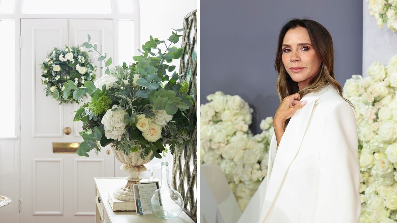 White roses in an urn on a hallway console table / Victoria Beckham with a white rose display behind her