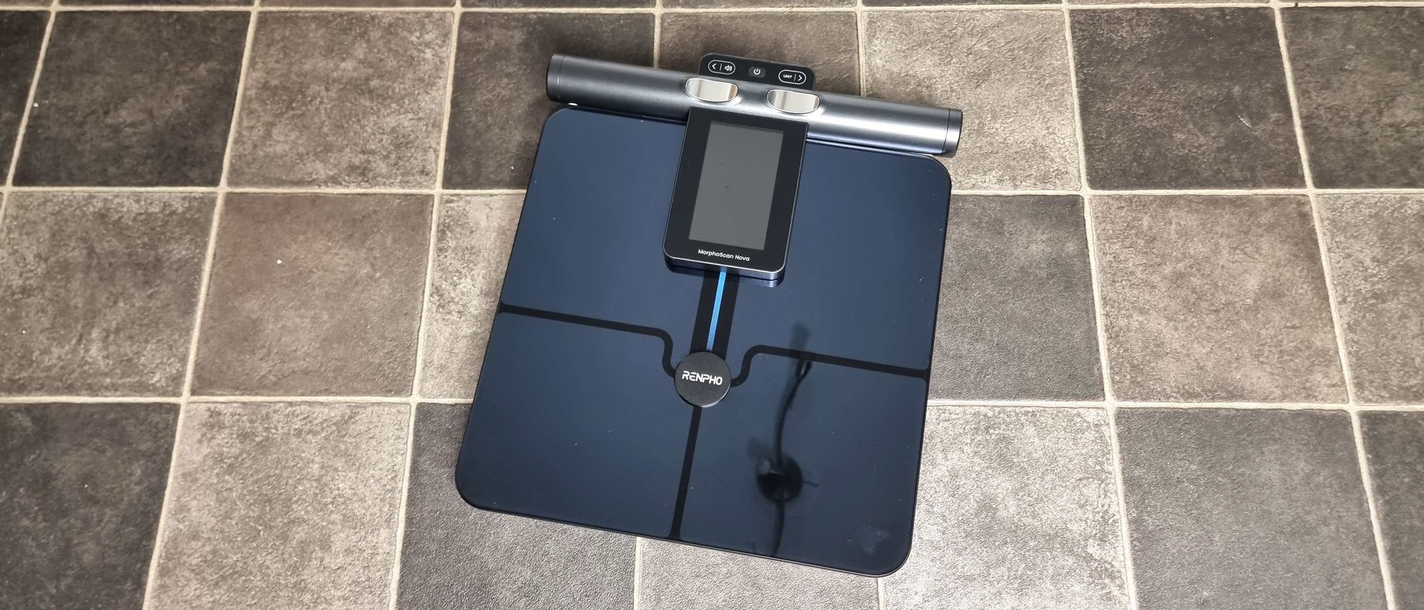 A picture of our reviewer's Renpho Morphoscan Nova smart scale, a view from the top