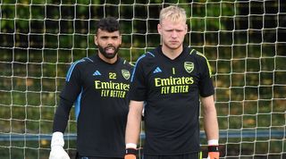 David Raya and Aaron Ramsdale in training for Arsenal.