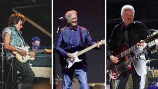 Photos of Jeff Beck, Eric Clapton and Jimmy Page playing their guitar live on stage