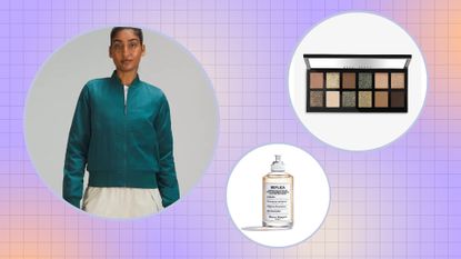 three items from MIL&#039;s round up of the best gifts for Scorpios, including a lululemon jacket, a Replica eau de toilette, and a Bobbi Brown eyeshadow palette, against a purple background