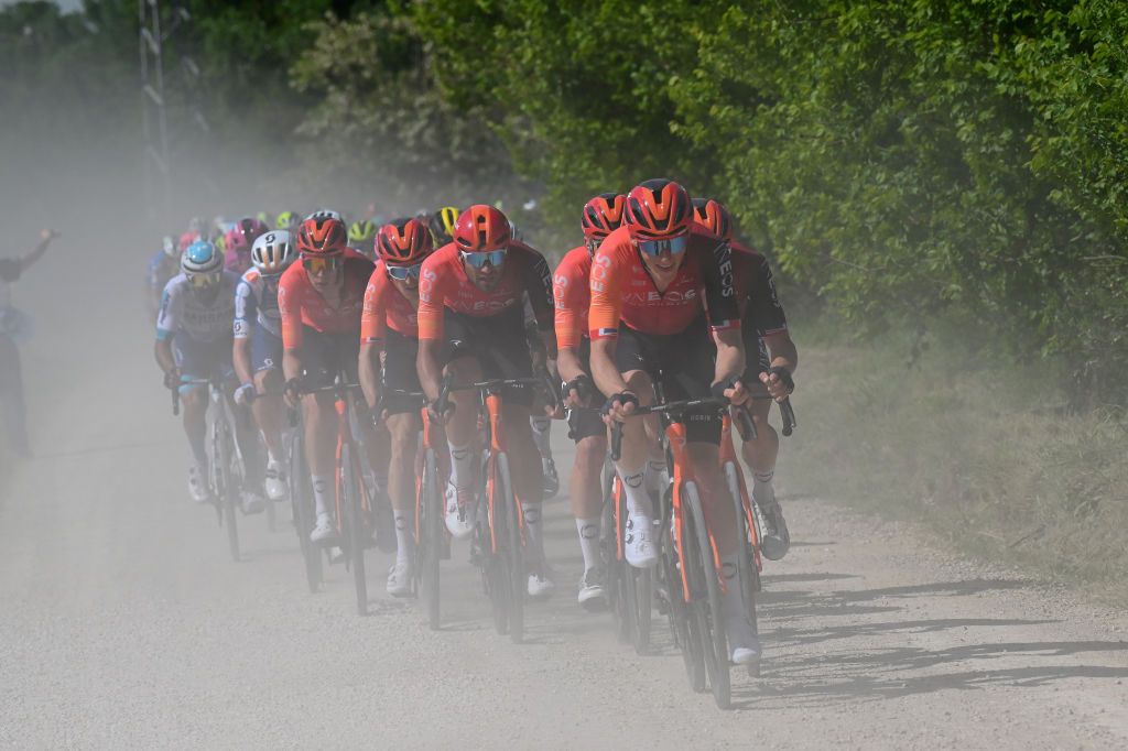 RAPOLANO TERME ITALY MAY 09 LR Tadej Pogacar of Slovenia and UAE Team Emirates Pink Leader Jersey Geraint Thomas of The United Kingdom Filippo Ganna of Italy and Ben Swift of The United Kingdom and Team INEOS Grenadiers compete during the 107th Giro dItalia 2024 Stage 6 a 180km stage from Viareggio to Rapolano terme 322m UCIWT on May 09 2024 in Rapolano terme Italy Photo by Tim de WaeleGetty Images