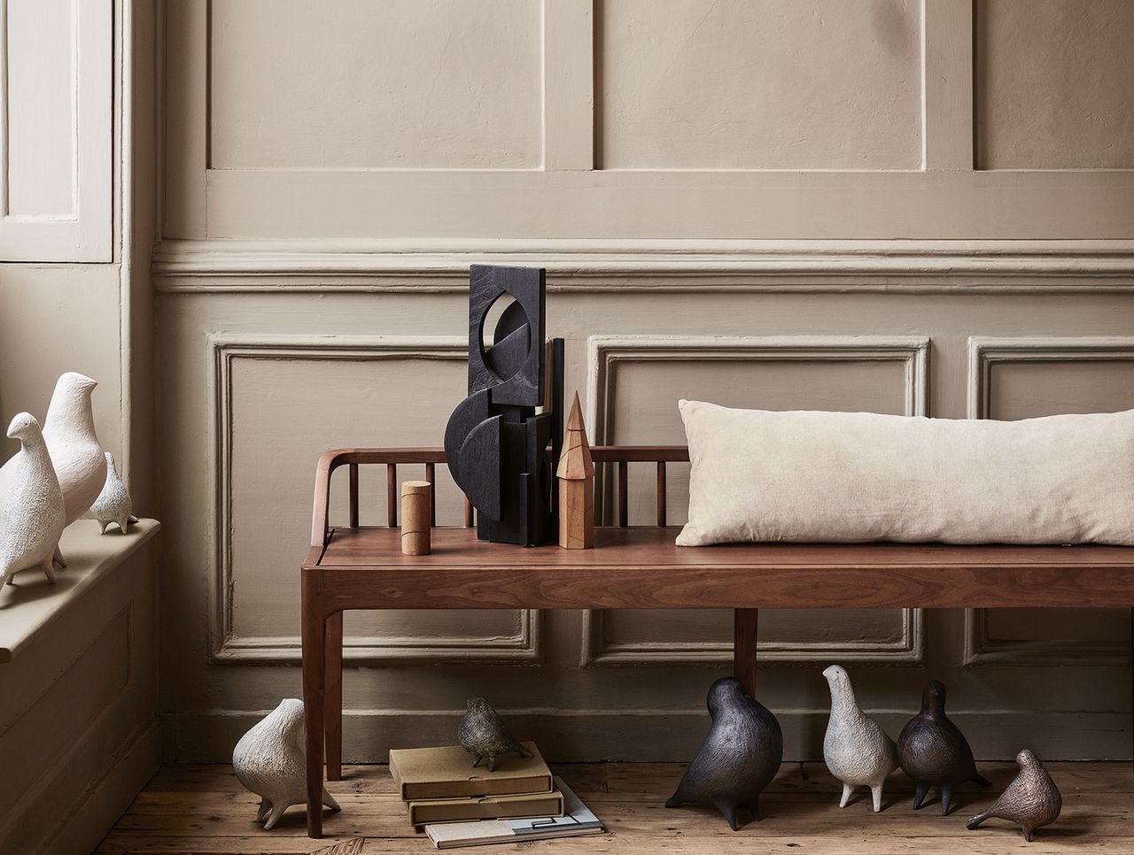 brown hallway with wooden bench