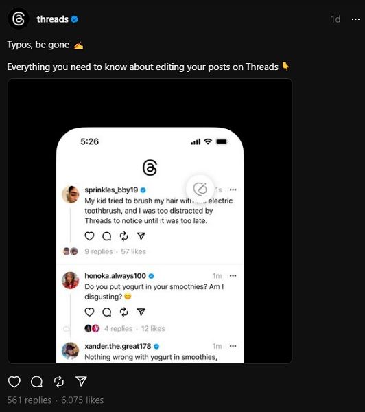 Threads announces an edit button has arrived on the platform.