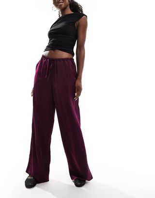 Asos Design Satin Pull on Trouser in Plum