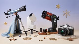 A selection of telescopes and cameras on a pale background.