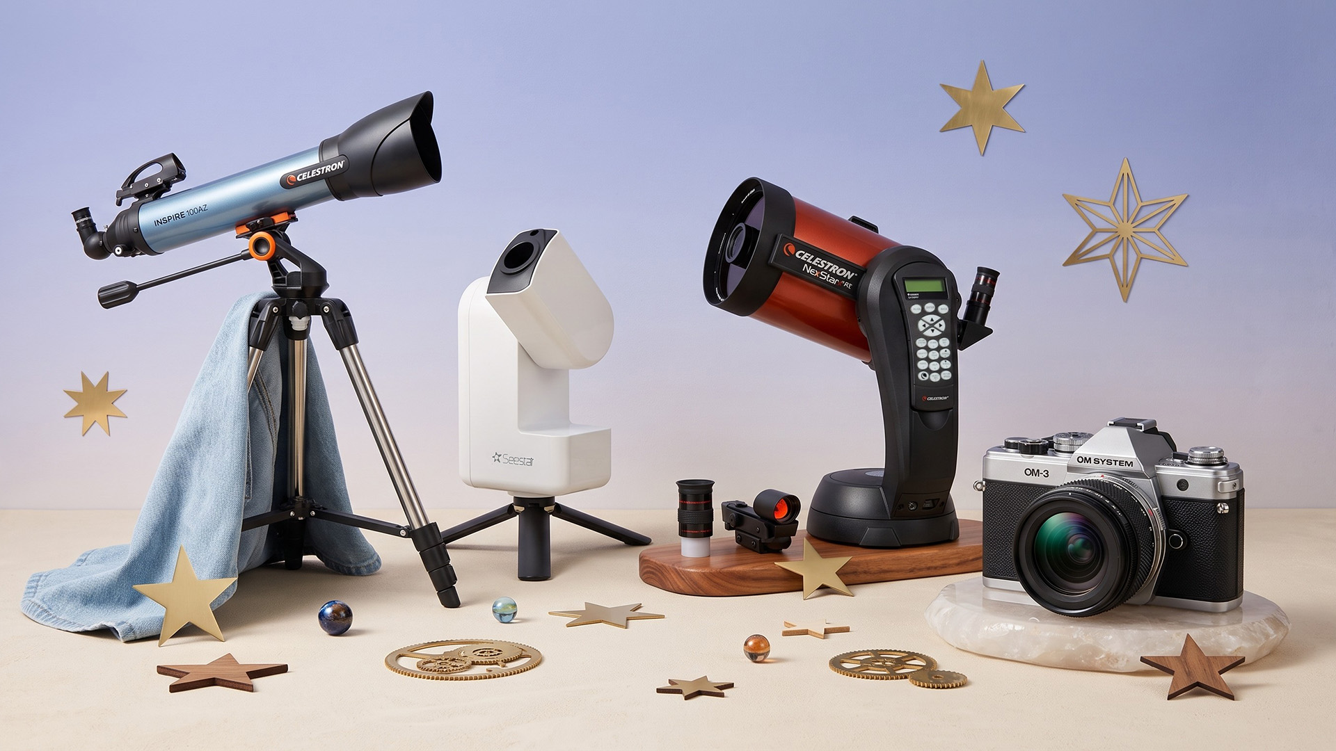 A selection of telescopes and cameras on a pale background.