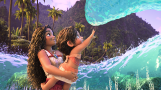 Moana holding her sister who is reaching for an ocean wave in Moana 2