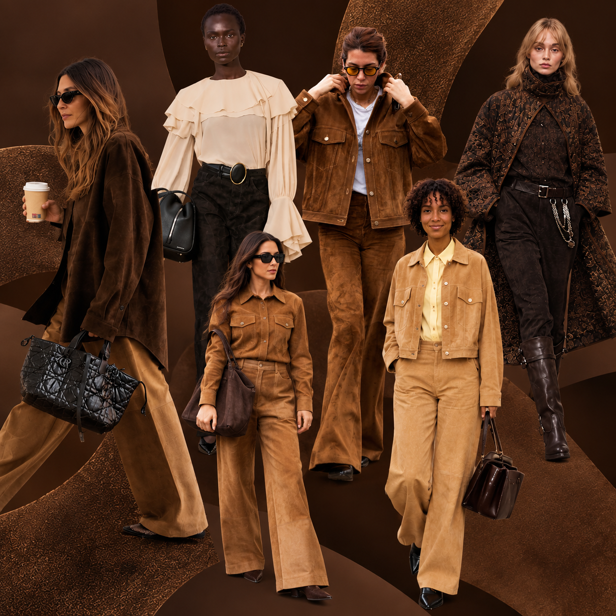 collage of six suede pants looks in rich shades of chocolate brown, camel, and tan, featuring a mix of runway and street-style outfits.
