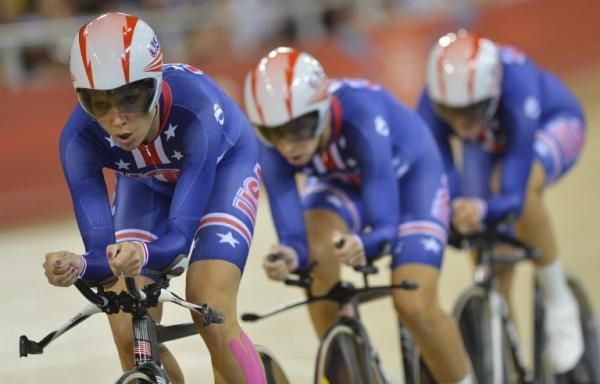 The US team pursuit squad of Sarah Hammer, Dotsie Bausch and Lauren Tamayo en route to a silver medal in the finals against Great Britain.