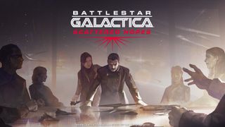 Concept art for the video game "Battlestar Galactica: Scattered Hopes." A man in uniform is standing at the head of a table looking at a map with spaceships on it. The table is surrounded by other people in uniform.