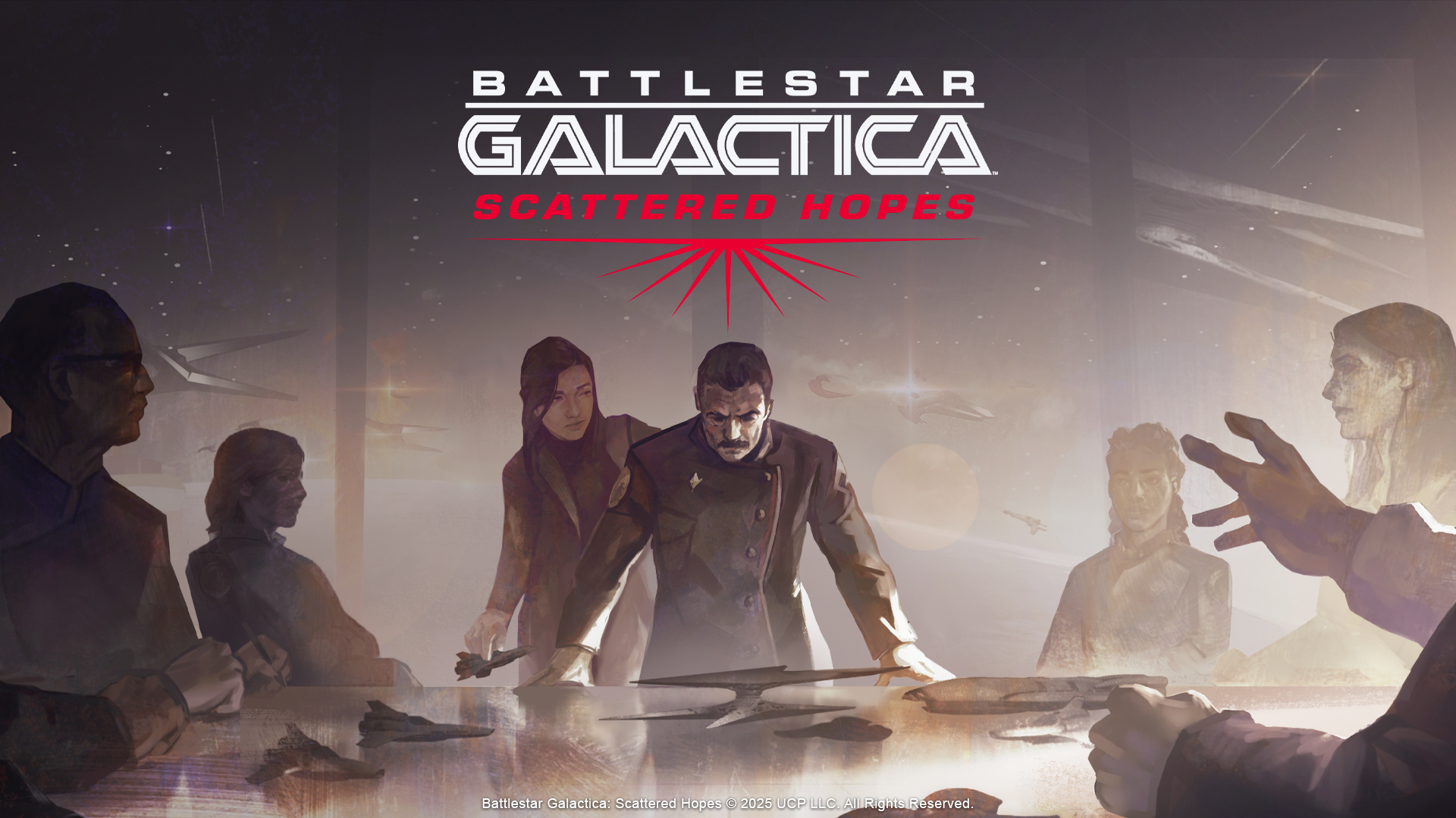 Concept art for the video game &quot;Battlestar Galactica: Scattered Hopes.&quot; A man in uniform is standing at the head of a table looking at a map with spaceships on it. The table is surrounded by other people in uniform.