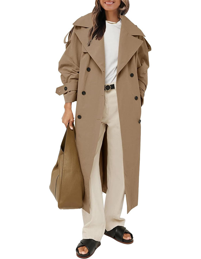 Farktop Womens Oversized Long Trench Coat Double Breasted Lapel Windproof Overcoat With Belt