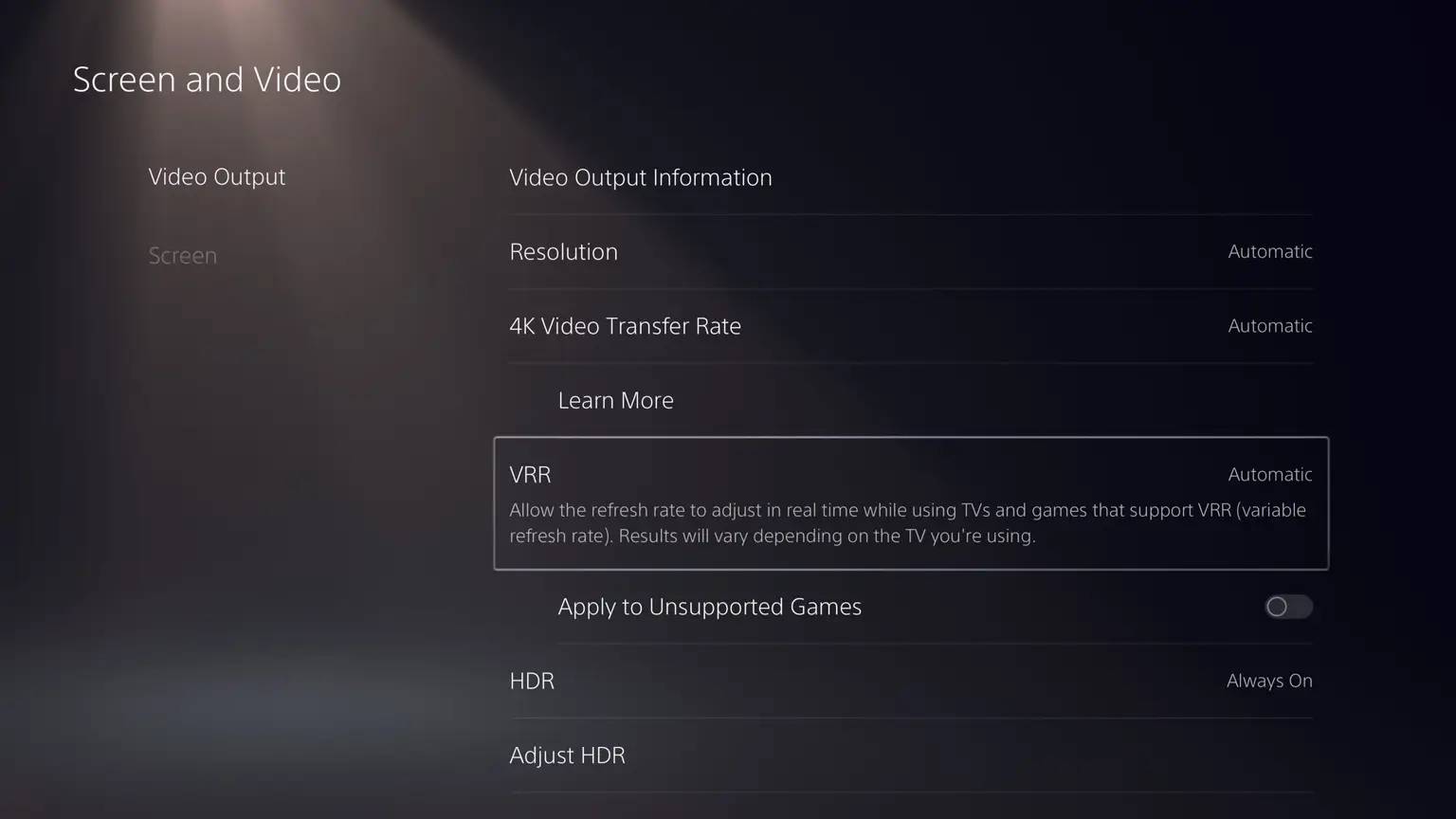 PS5 VRR support settings