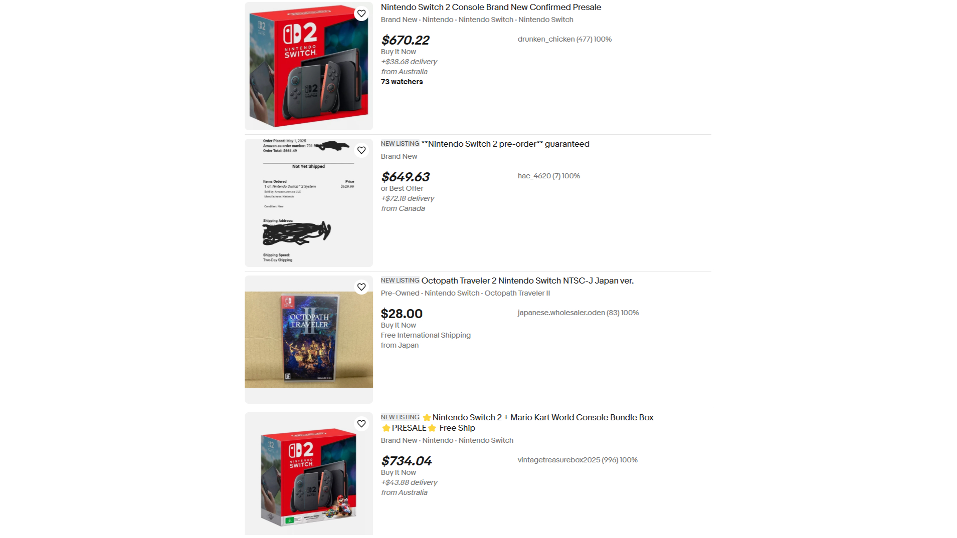 Nintendo Switch 2 listings on ebay