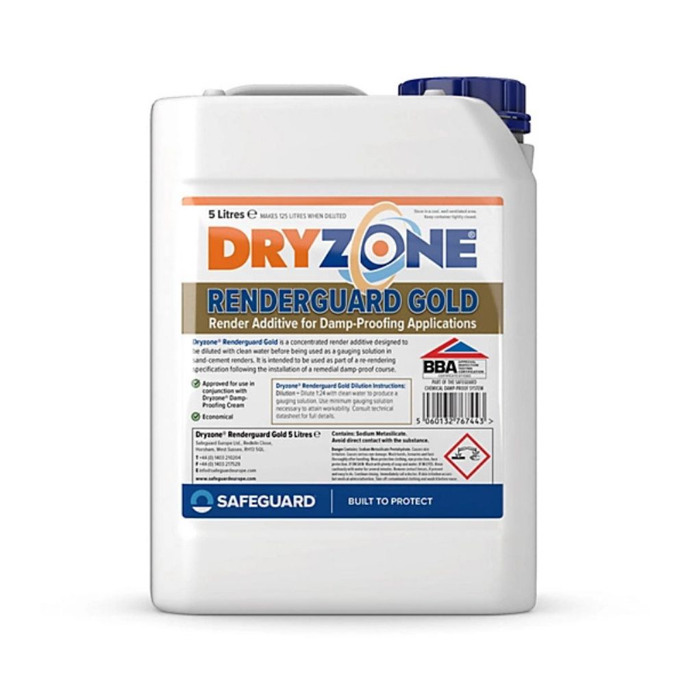 A large white 5-litre plastic container labelled &amp;ldquo;Dryzone Renderguard Gold&amp;rdquo; stands upright, featuring bold orange, blue and gold branding.