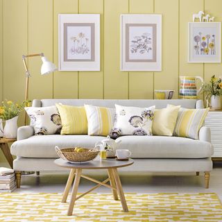 living room with yellow walls and white flooring